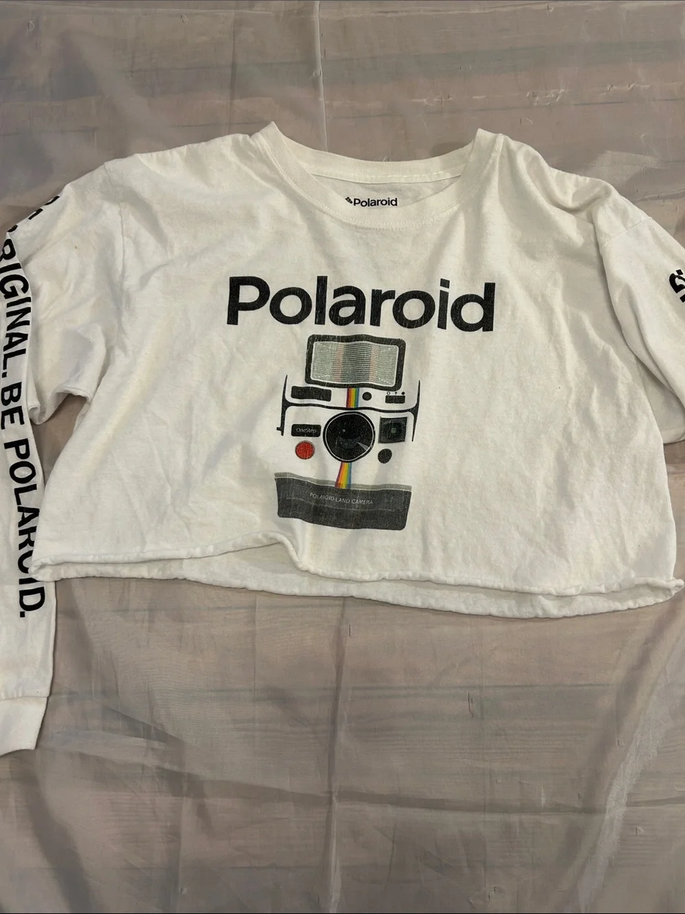 Polaroid White Long-Sleeve Crop Top with Camera Graphic